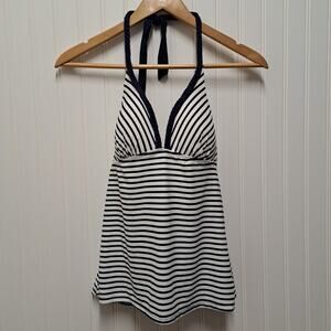 Malibu Tankini Top Womens M Navy Blue White Striped Halter Triangle Swim Bathing